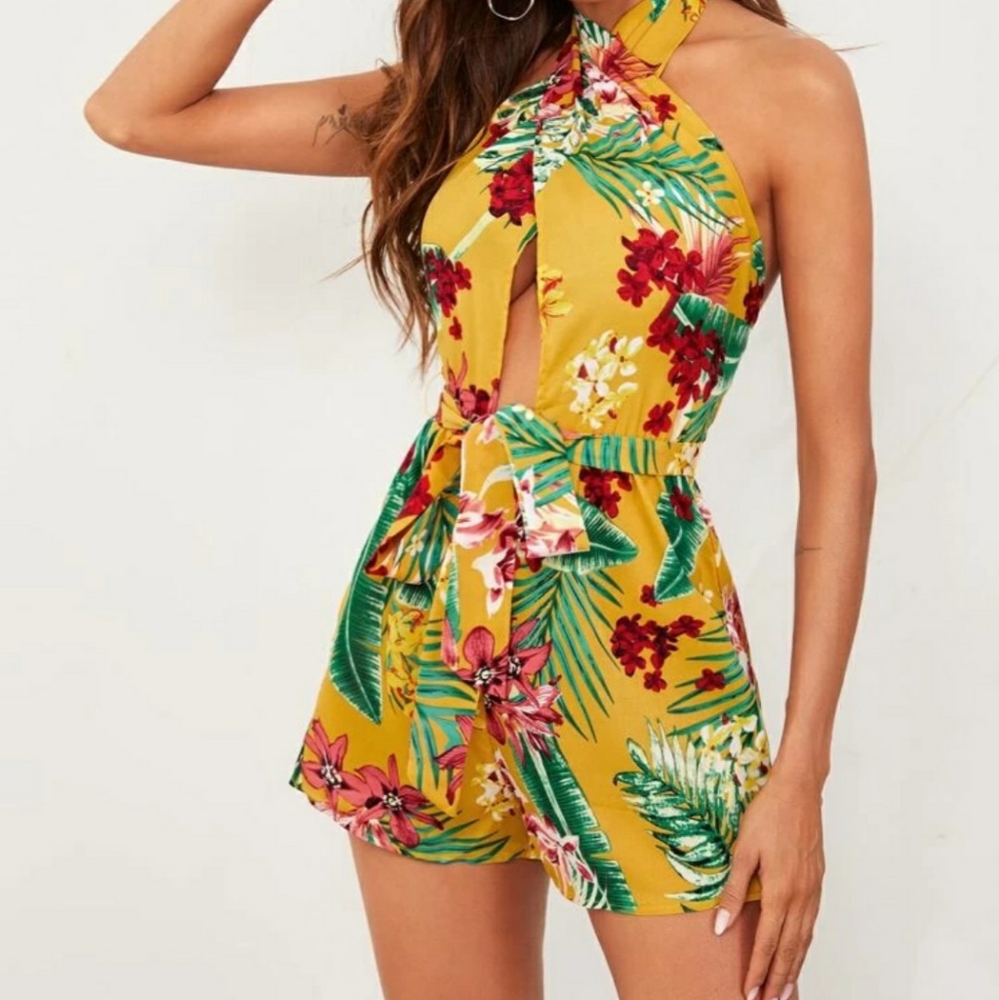 Cutout front open back cross wrap halter romper